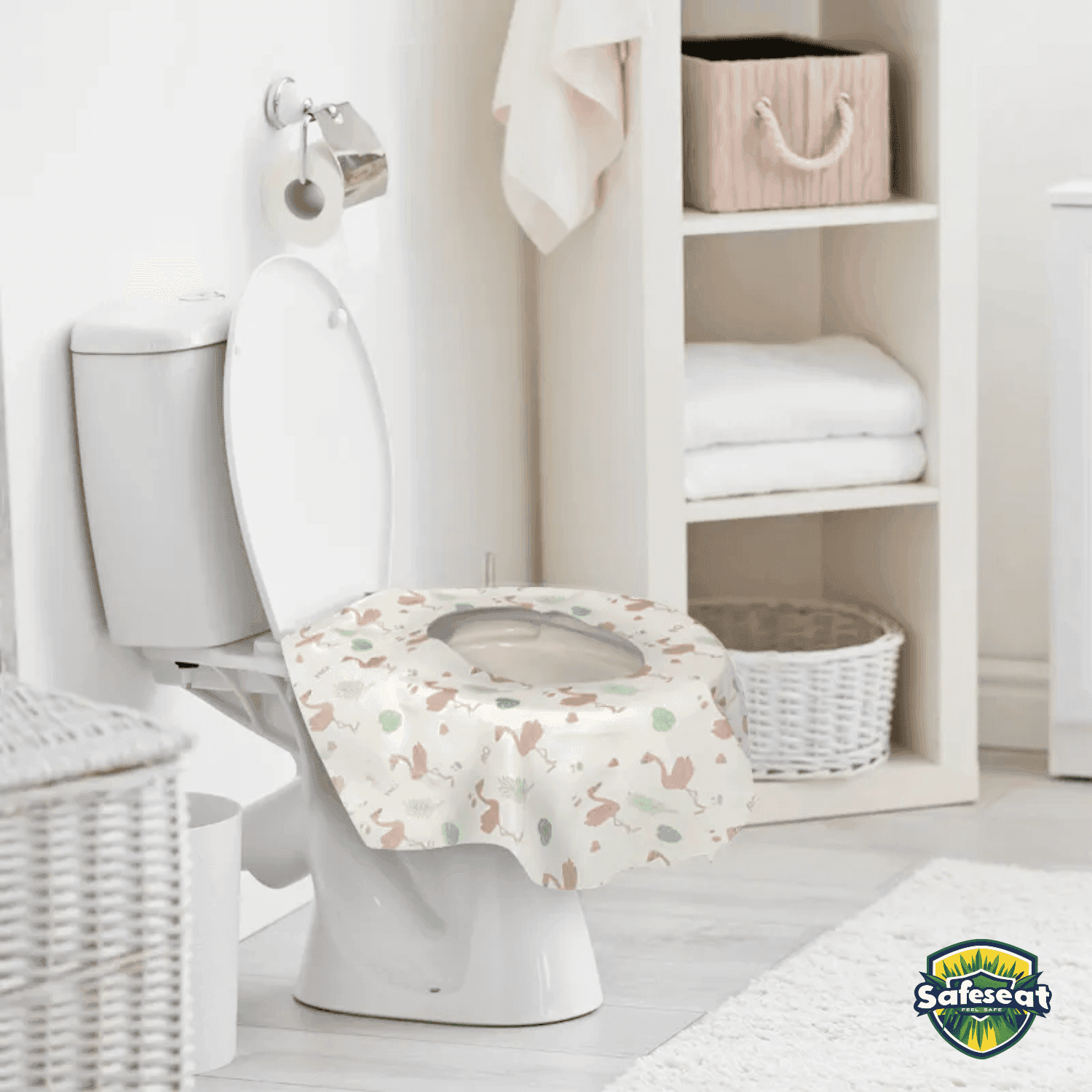 Bathroom with a toilet featuring a Safeseat disposable cover with pink and green patterns.