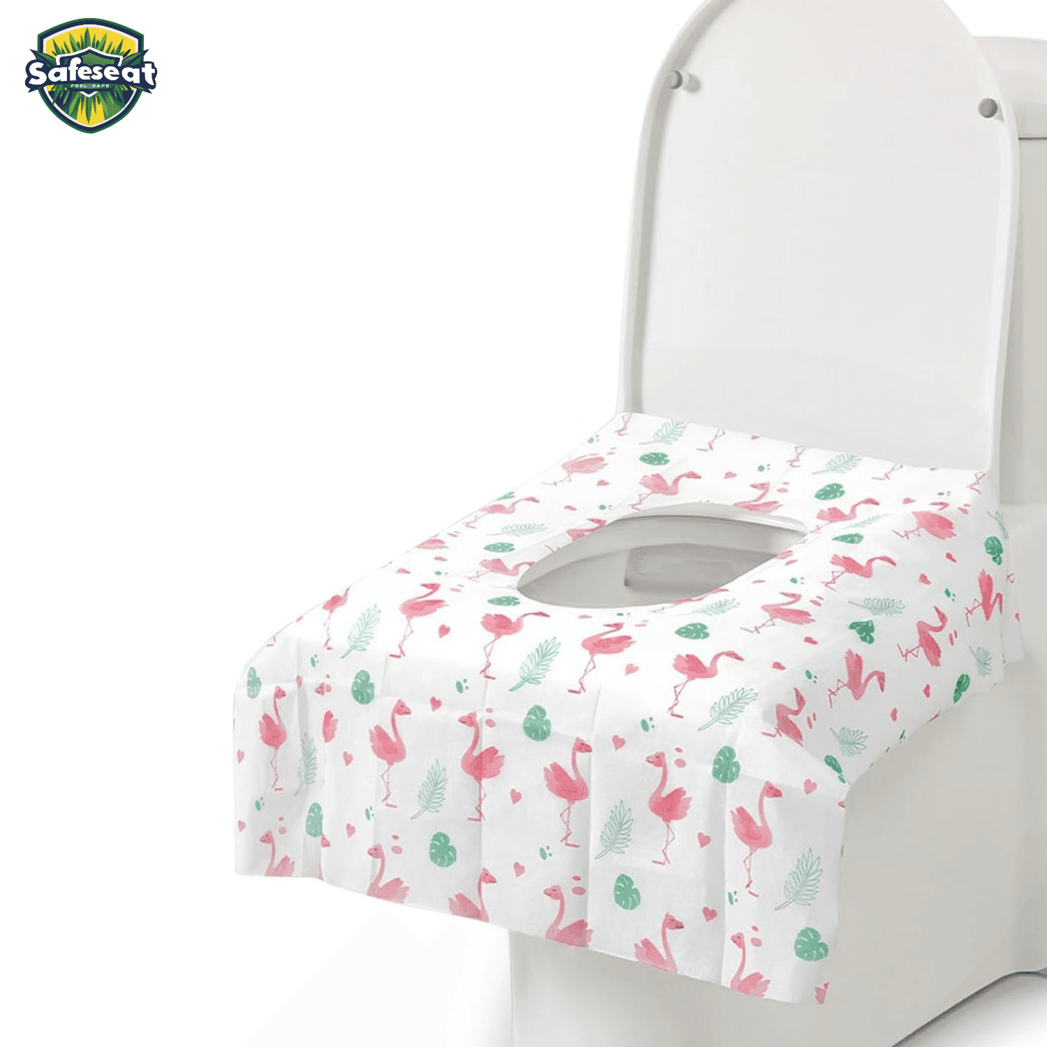 Disposable toilet seat cover with pink flamingo and green leaf patterns placed on a white toilet seat.